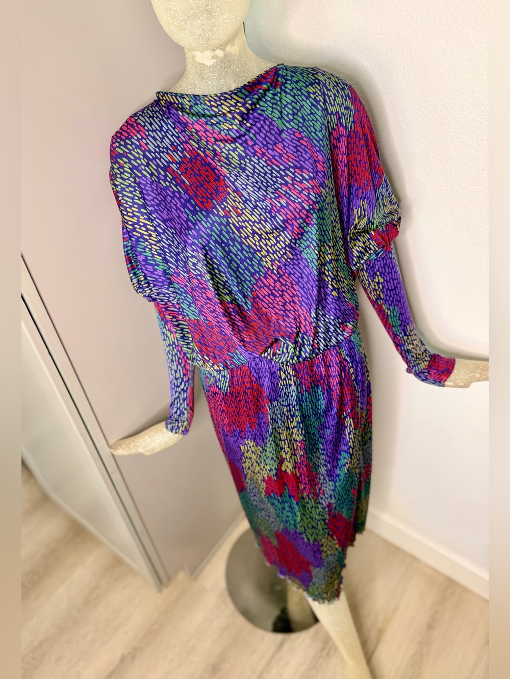 Vintage MISSONI Orange Label 100% Silk Abstract Dash Print Dress. Size Small
